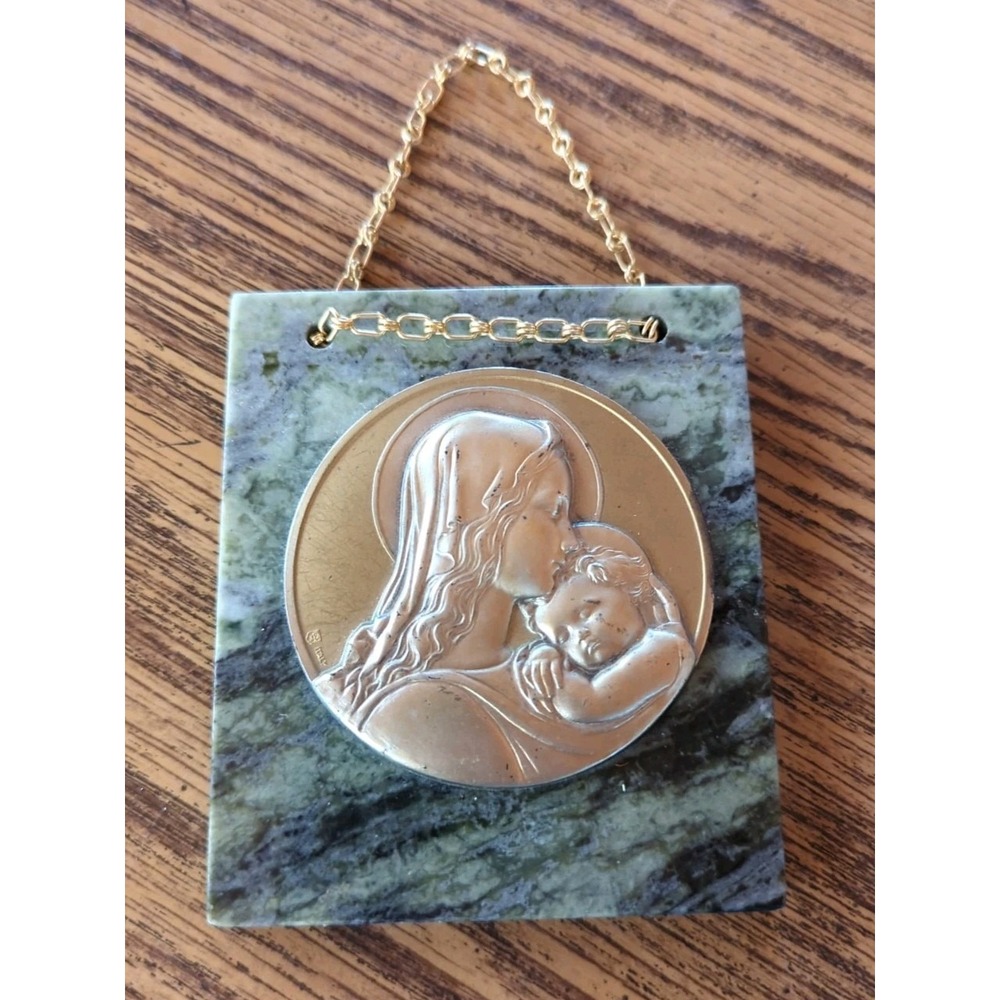 Vintage Marble Square Plaque Madonna & Child Religious Gold Tone Wall Art